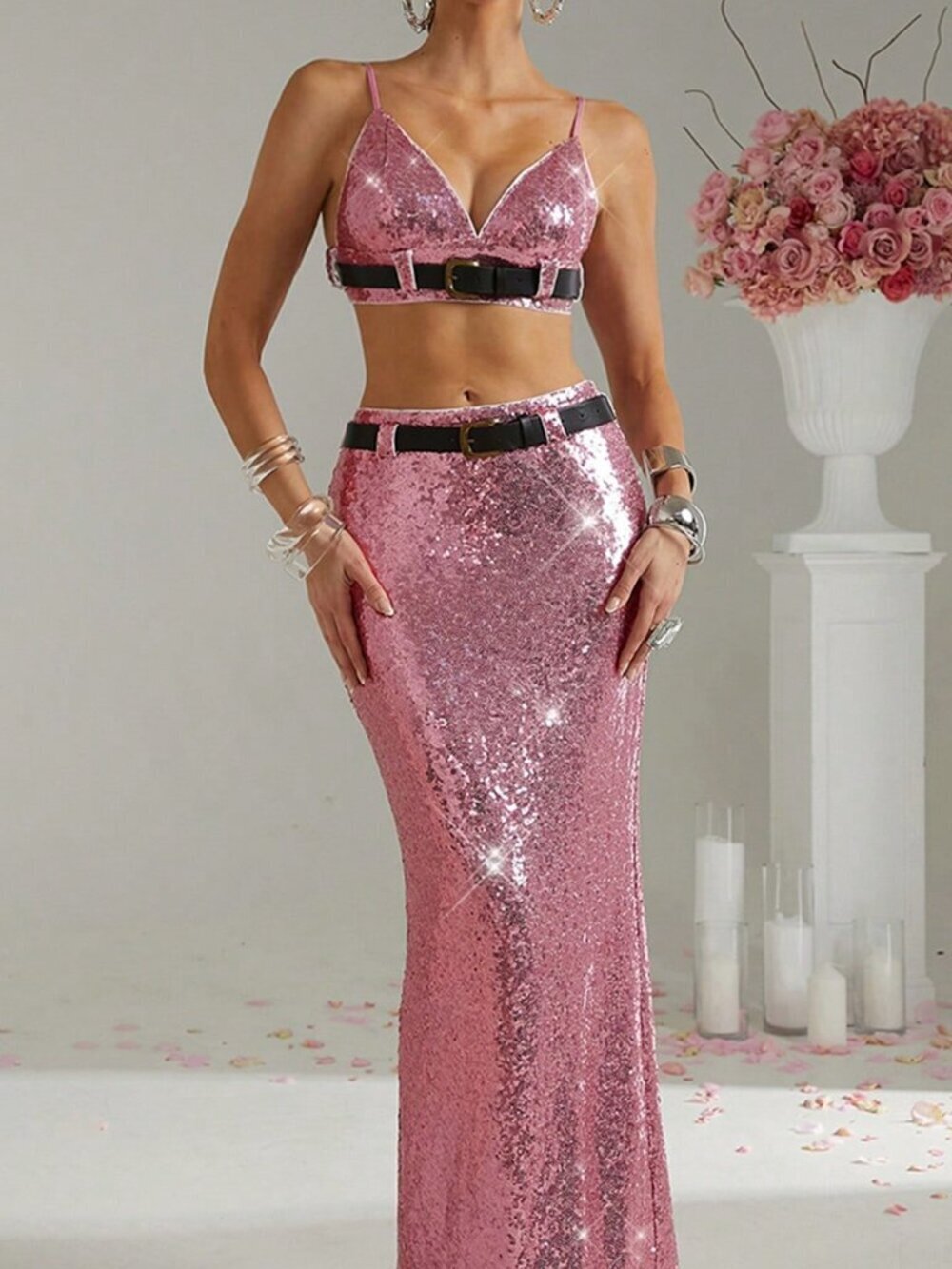 Pink Bohemian Women's Sequin Cami Top & Long Bodycon Skirt Set